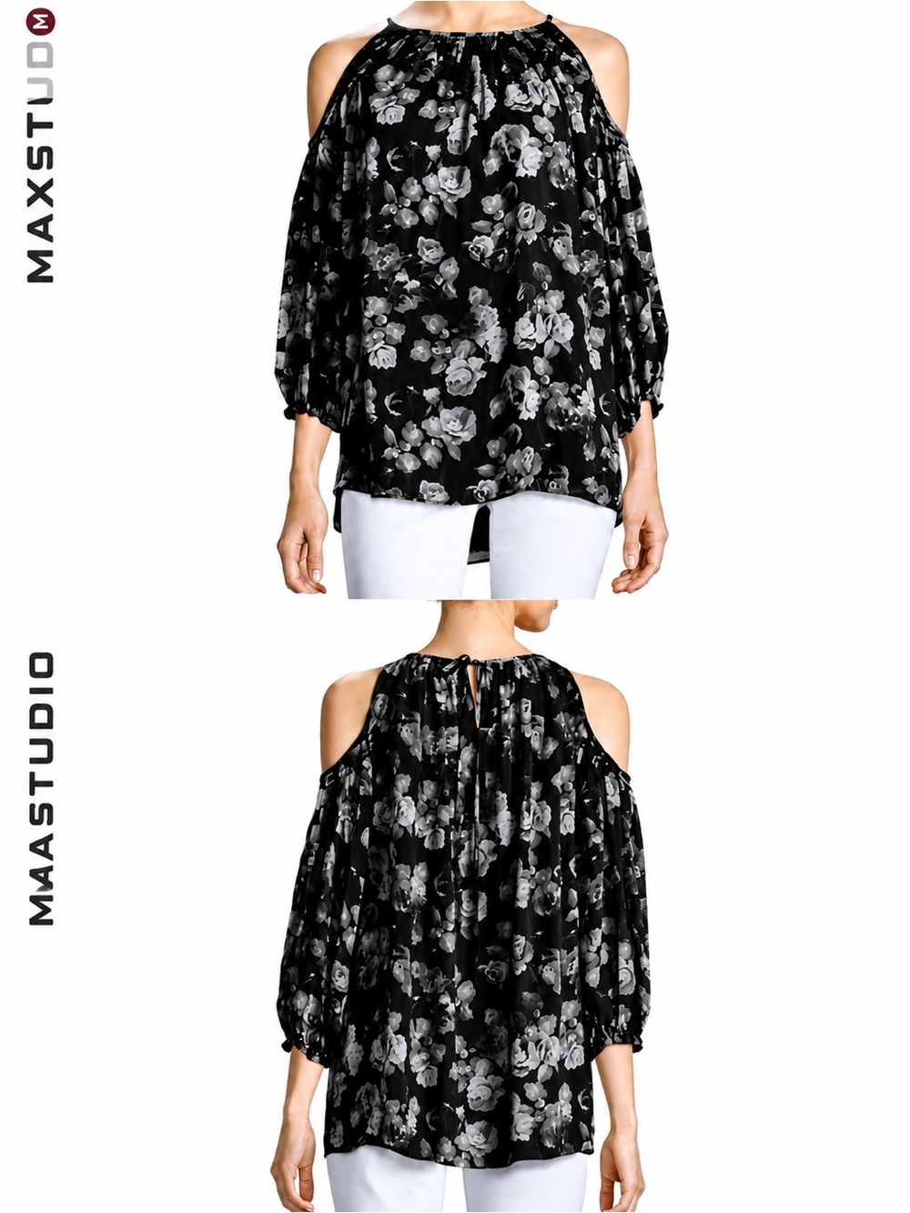 MAX STUDIO S Top Cold Shoulder Black Floral Print Blouse Long Sleeve EUC Sz S